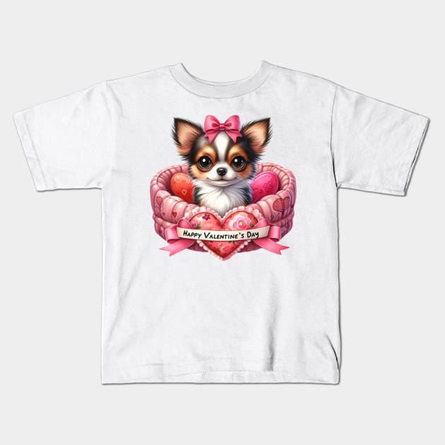 Valentine Chihuahua Dog in Bed Kids T-Shirt by Chromatic Fusion Studio